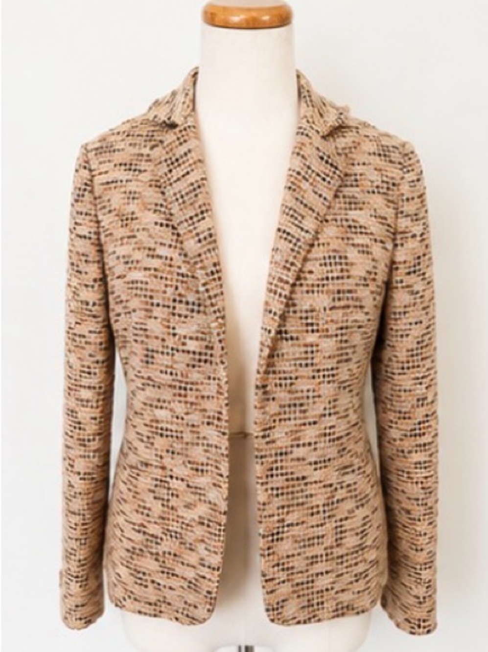 [Barry Bricken] Silk Bouclé Tweed Blazer Tan Cream Neutral Jacket Sz 4